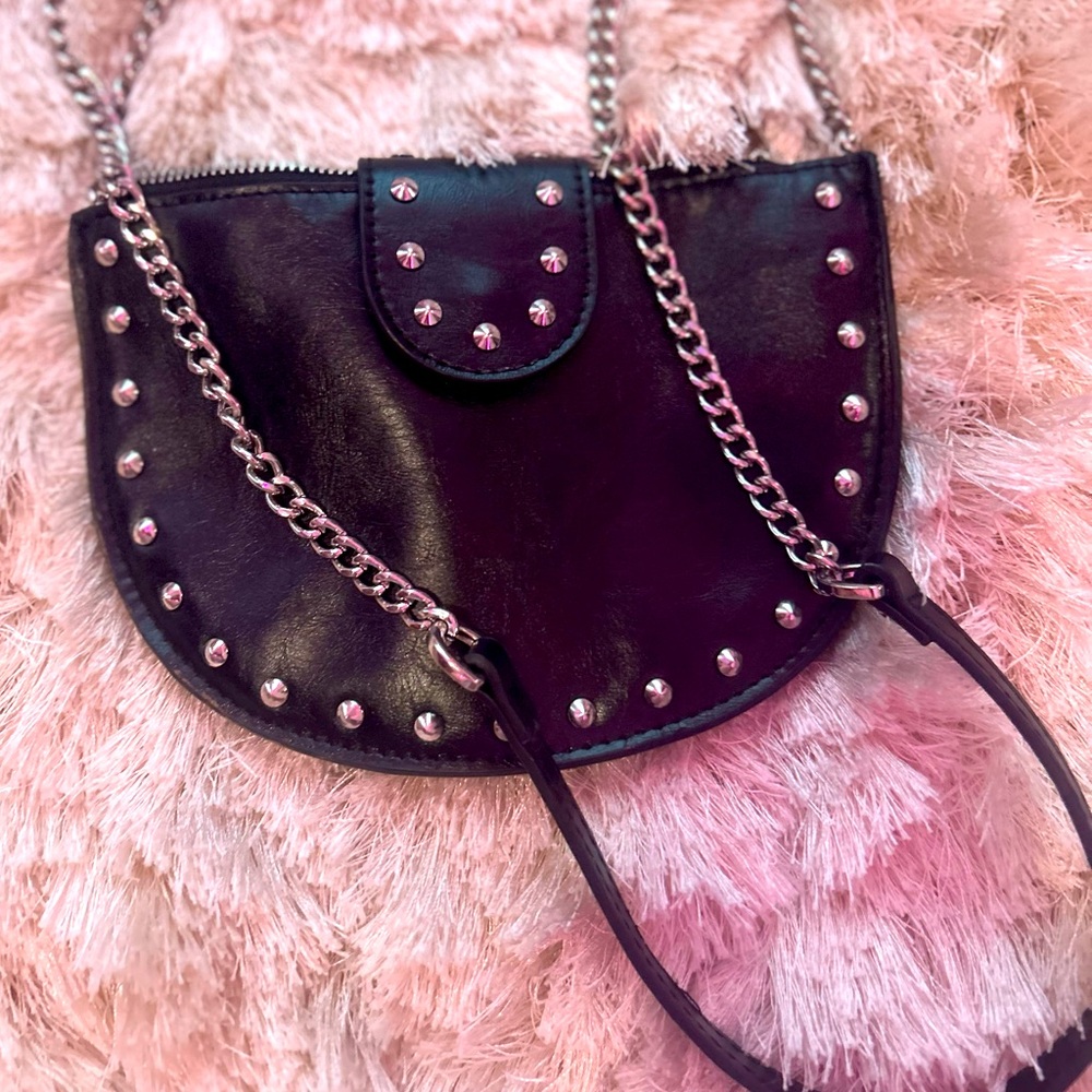 Black Zara stylish purse with silver rhinestones and chained black arm strap.